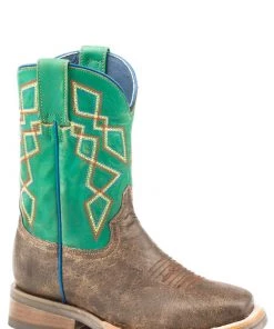 'Roper' Kids' Pattern Western Square Toe - Brown / Green