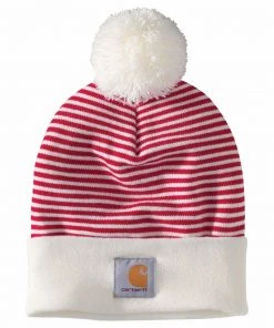 Men 'Carhartt' Adult Knit Pom Pom Cuffed Beanie - Red Stripe