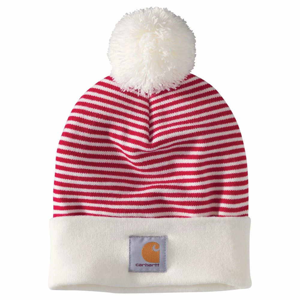 Men 'Carhartt' Adult Knit Pom Pom Cuffed Beanie - Red Stripe 3 Men 'Carhartt' Adult Knit Pom Pom Cuffed Beanie - Red Stripe