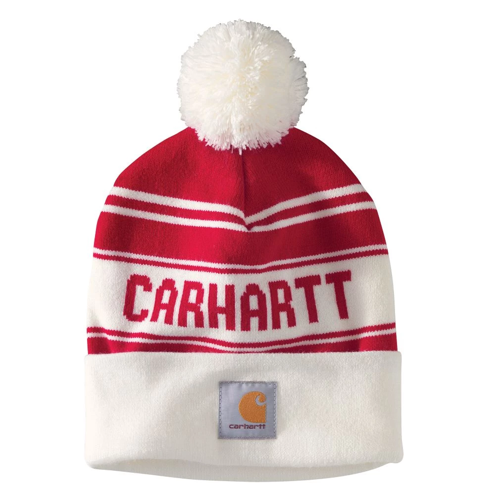 Men 'Carhartt' Adult Knit Pom Pom Cuffed Logo Beanie - Red / White 3 Men 'Carhartt' Adult Knit Pom Pom Cuffed Logo Beanie - Red / White