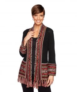 Ruby Rd 'Ruby Road' Women's Cardigan W/Fringe - Black / Multi