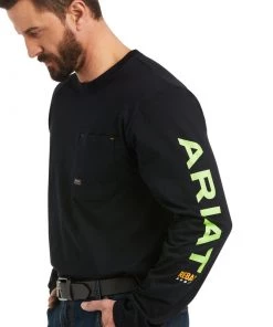'Ariat' Men's Rebar Workman Logo T-Shirt - Black / Lime