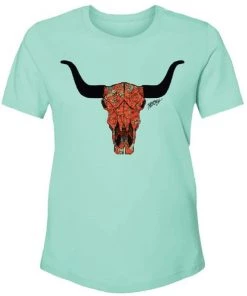 'Hooey' Women's Floral Skull Crew Neck Short Sleeve Tee - Turquoise Clothing