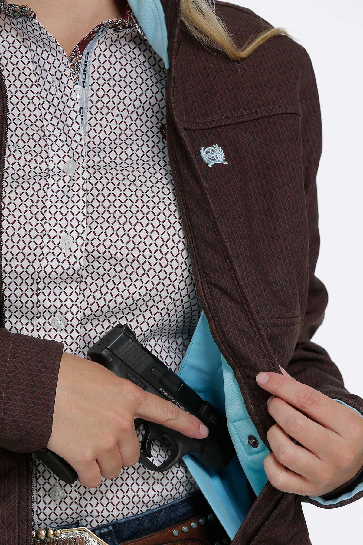 'Cinch' Women's Concealed Carry Bonded Jacket - Brown / Light Blue 3 'Cinch' Women's Concealed Carry Bonded Jacket - Brown / Light Blue