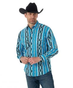 'Wrangler' Men's Checotah Print Western Snap Front - Blue / Black