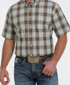 'Cinch' Men's Ombre Plaid Short Sleeve Button Down Shirt - Brown/Turquoise