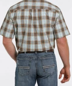 'Cinch' Men's Ombre Plaid Short Sleeve Button Down Shirt - Brown/Turquoise