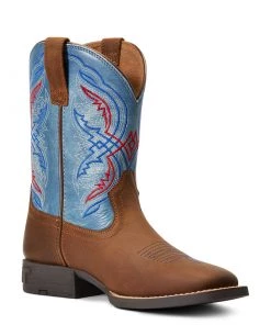'Ariat' Youth Double Kicker Square Toe - Distressed Brown / Stone Blue 13 'Ariat' Youth Double Kicker Square Toe - Distressed Brown / Stone Blue