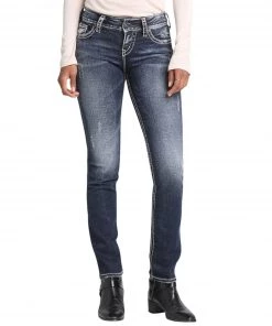 SILVER JEANS CO 'Silver Jeans' Women's Suki Mid Rise Straight Leg - Distressed Dark Indigo