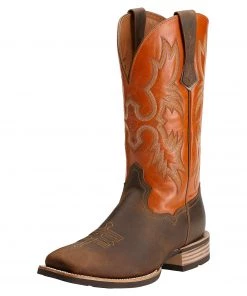 'Ariat' Men's Tombstone Western Square Toe - Distressed Brown / Orange